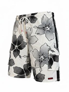 SURF MENTALITY BY LAGACI SPORT TROPICAL FLORAL PRINT SWIM TRUNKS WHI BLK SZ XXL